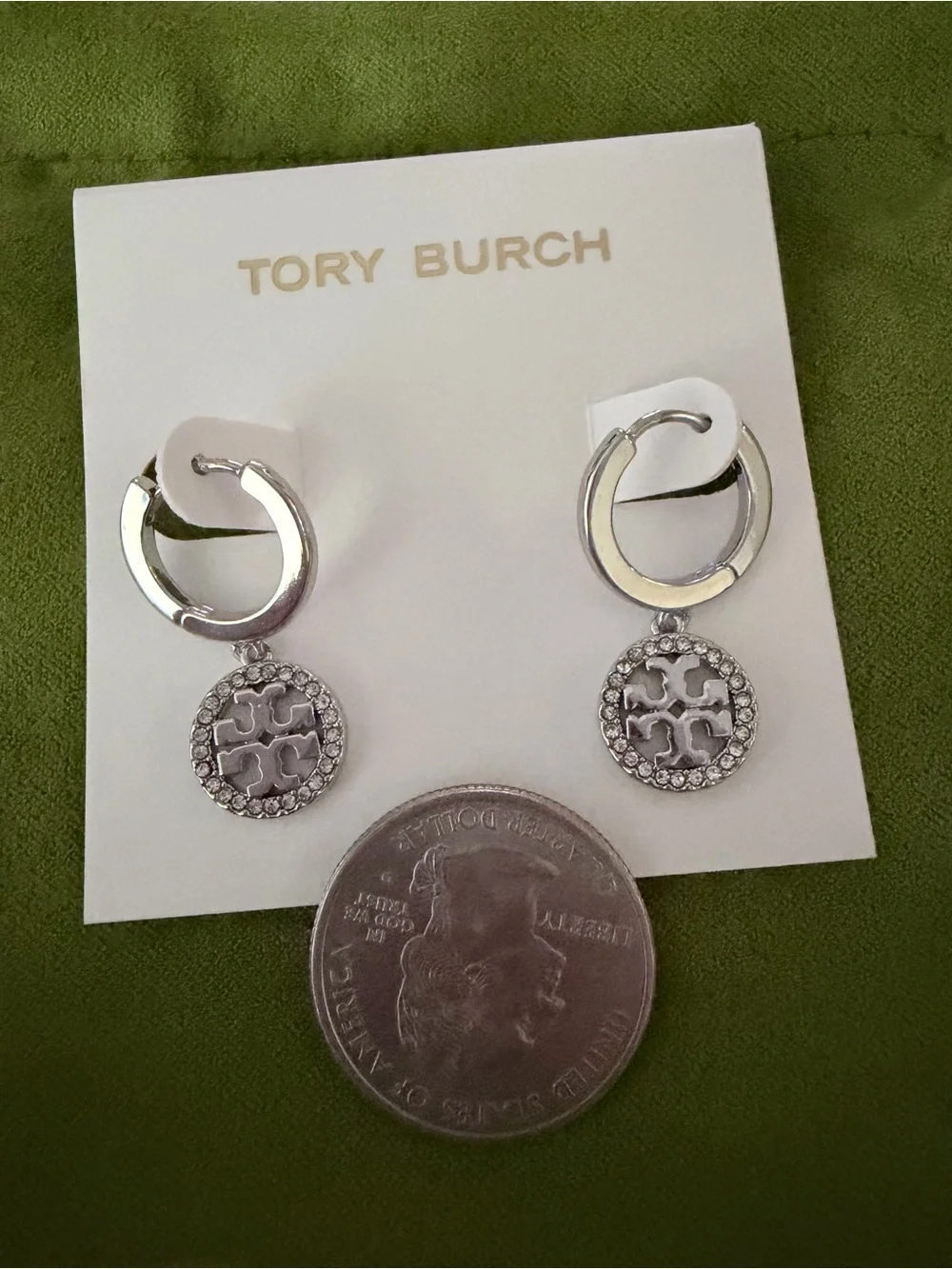 Tory Burch Silver Tone Crystal Paved Dangling Huggies Earrings